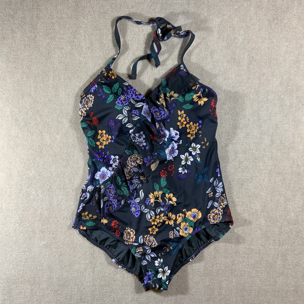 Time and Tru Women's One Piece Swimsuit Sz 1X 16-18 Floral Ruffle Halter
